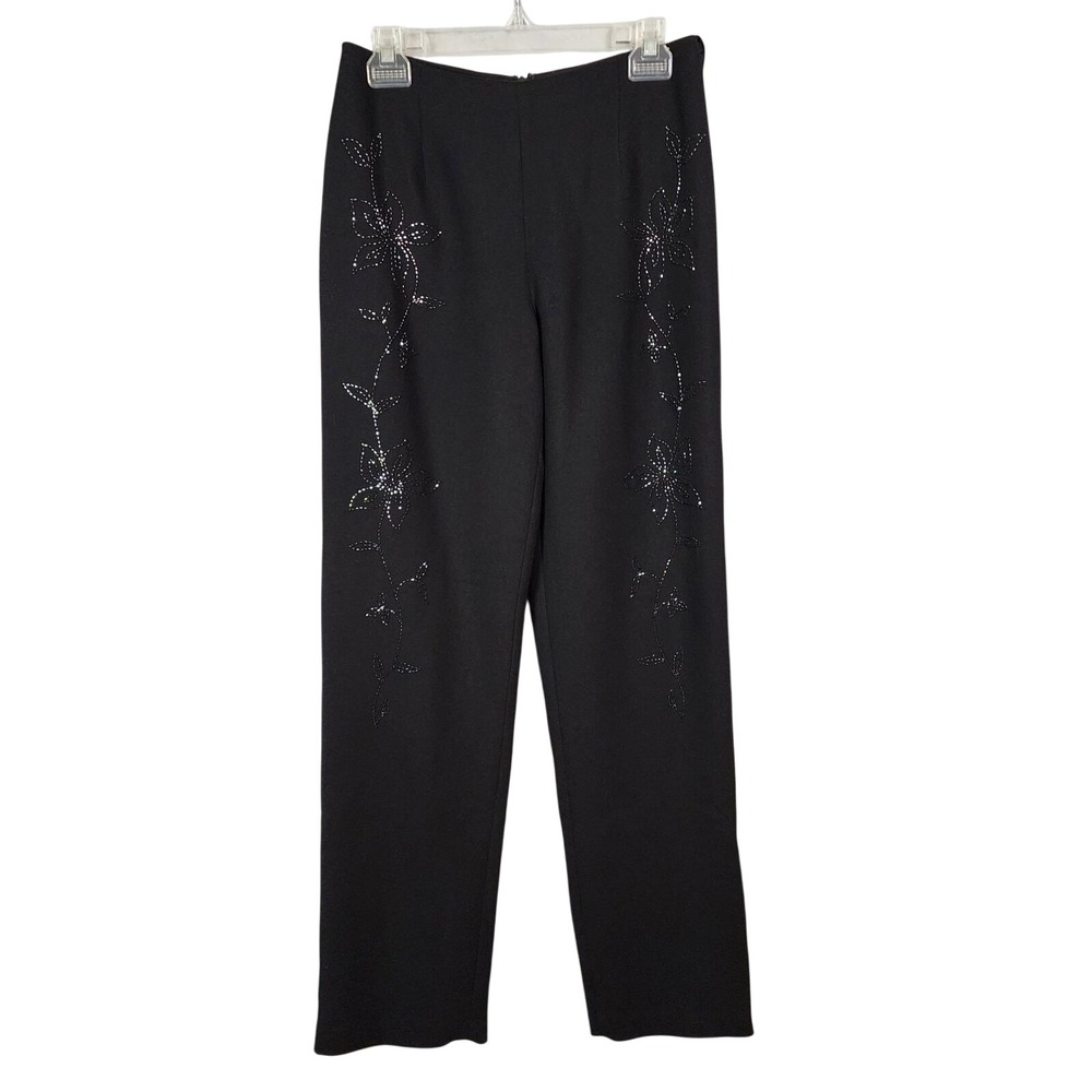 Vtg NIKI LIVAS Size 6 Black Beaded Floral Design Mid Rise Formal Occasion Pants